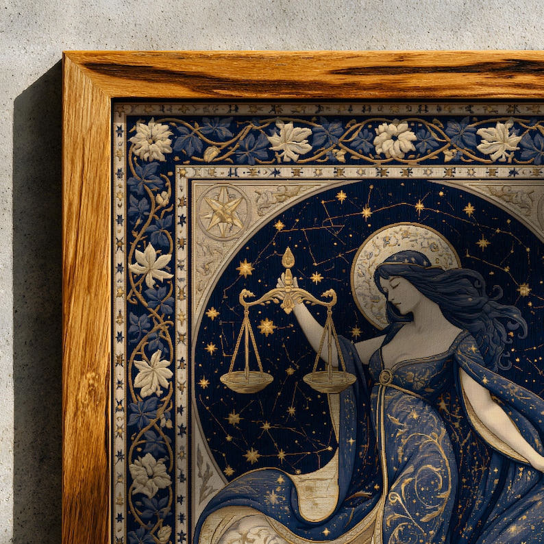 May include: A framed art print featuring a celestial illustration of the Libra zodiac sign. The artwork depicts a woman holding scales against a dark blue background with gold stars. The frame is made of light brown wood.