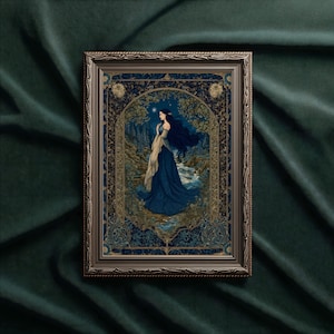 May include: Framed artwork depicting a woman in a blue gown by a stream. The artwork has an ornate border with gold and blue details. The woman has long, dark hair and is gazing at a star. The frame is brown.