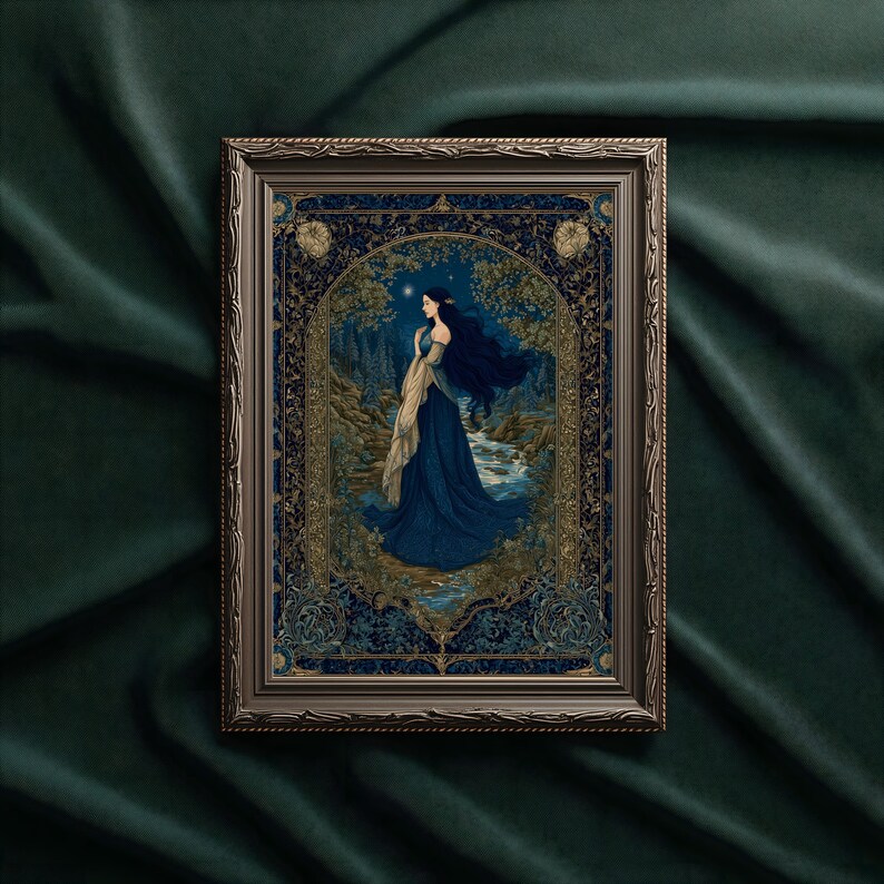 May include: Framed artwork depicting a woman in a blue gown by a stream. The artwork has an ornate border with gold and blue details. The woman has long, dark hair and is gazing at a star. The frame is brown.