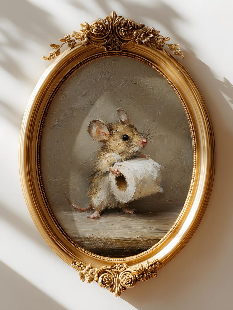 May include: An oval-shaped, ornate gold frame containing an oil painting of a small brown mouse holding a white roll of toilet paper. The frame features intricate floral carvings at the top and bottom, surrounding the detailed animal portrait.