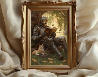 Medieval Knight Reading with Cat: Fantasy victorian Wall Art, Cozy Book Lover Gift