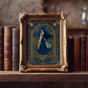 May include: An ornate gold framed artwork depicting a woman in a blue gown in a forest scene. The artwork is displayed on a wooden shelf alongside a collection of antique books, creating a vintage aesthetic.