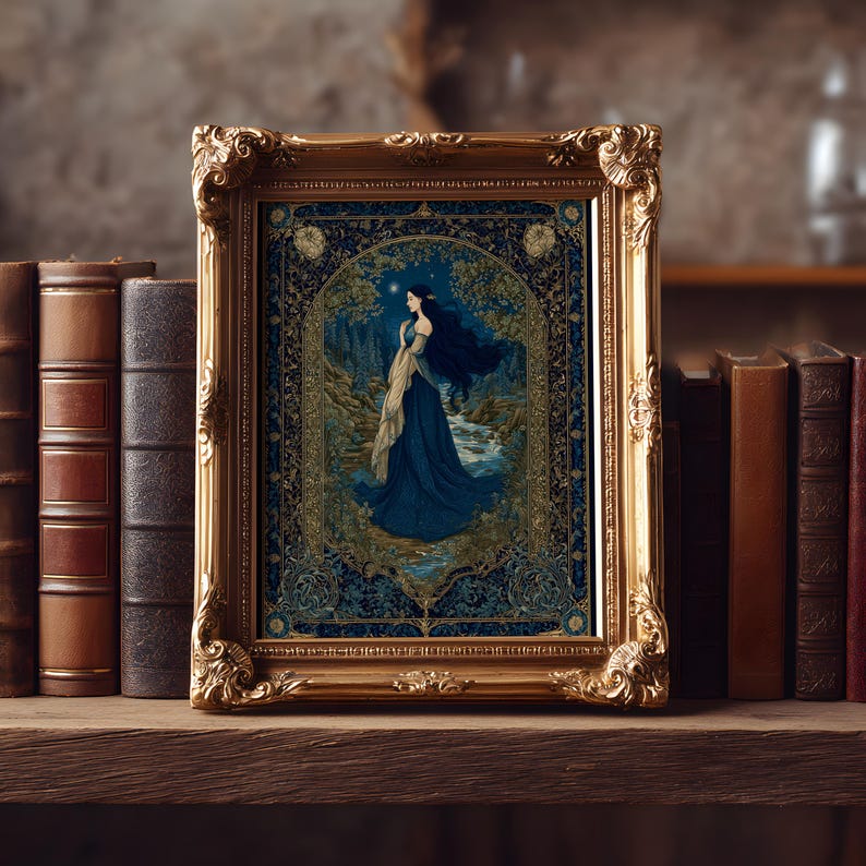 May include: An ornate gold framed artwork depicting a woman in a blue gown in a forest scene. The artwork is displayed on a wooden shelf alongside a collection of antique books, creating a vintage aesthetic.