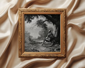 Solitary Knight Under Tree art print: Medieval Engraving Wall Decor