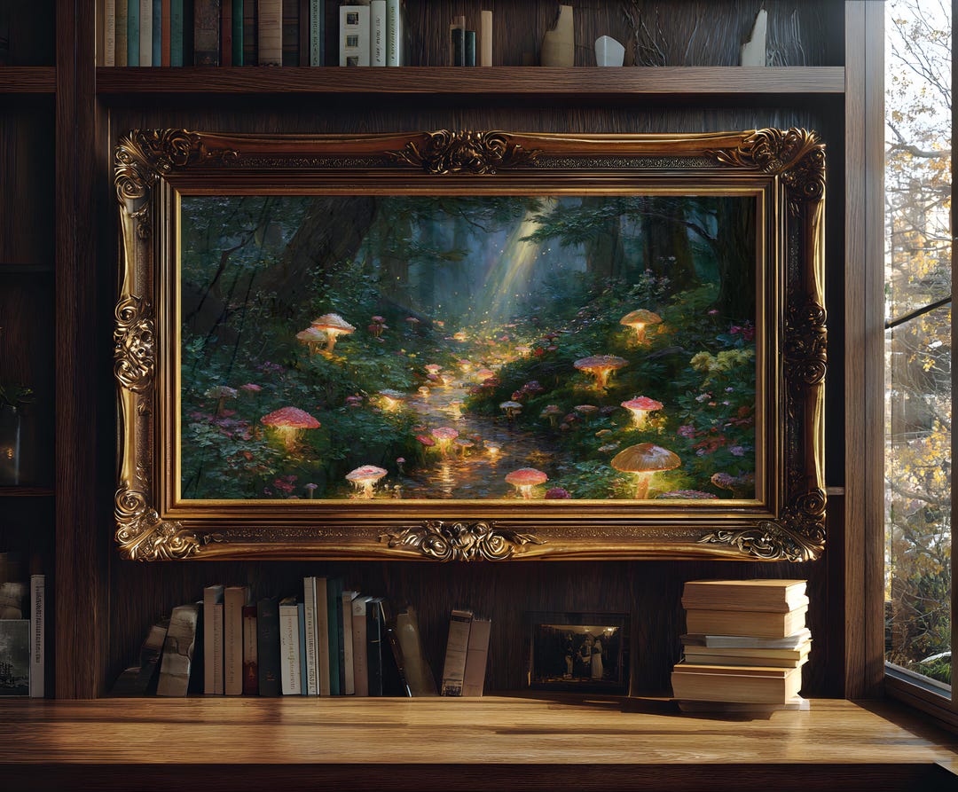 Enchanted Forest Path Wall Art: Glowing Mushroom Fantasy - Etsy