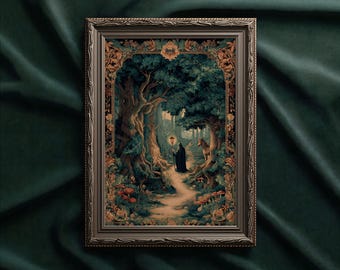 May include: Framed artwork depicting a mystical forest scene. A figure in a black cloak walks a path, holding a lantern. The artwork features detailed trees, foliage, and a decorative border in shades of brown, green, and gold.