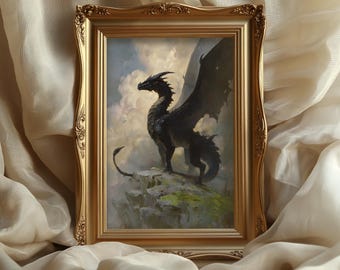 May include: A framed artwork featuring a black dragon perched on a rocky cliff, set against a cloudy sky. The dragon has large wings and a long tail. The frame is ornate and gold-colored, adding a touch of elegance to the fantasy scene.