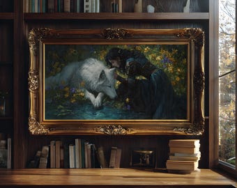 Lady with White Wolf Art Print: Enchanted forest decor, Fairytale gift, Wolf lover