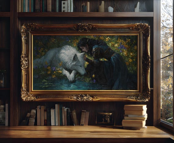 Lady with White Wolf Art Print: Enchanted forest decor, Fairytale gift, Wolf lover