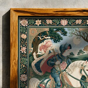 May include: A framed print featuring a medieval scene of a knight on horseback. The artwork has a detailed floral border and a warm wooden frame. The knight is holding a flag, and the background depicts a landscape with trees and a sun.