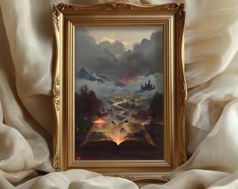 May include: A framed artwork with a gold ornate frame. The artwork depicts a landscape scene with a river flowing from an open book. Mountains, a castle, and a fiery sky are visible in the background. The overall theme is fantasy.
