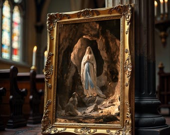 May include: A rectangular painting in an ornate gold frame depicting a figure in a white and blue robe standing in a rocky grotto, with a kneeling person in the foreground. The artwork is set against a dark, textured stone background.