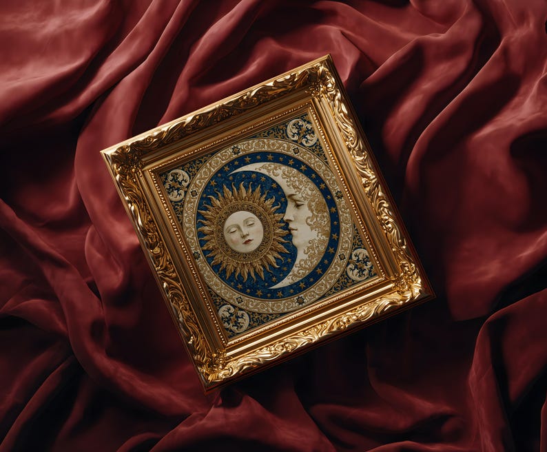 May include: A rectangular wall art piece in an ornate gold frame featuring a central circular illustration of a sun and a crescent moon with human faces. The artwork is set against a deep blue background with gold stars and intricate floral patterns.