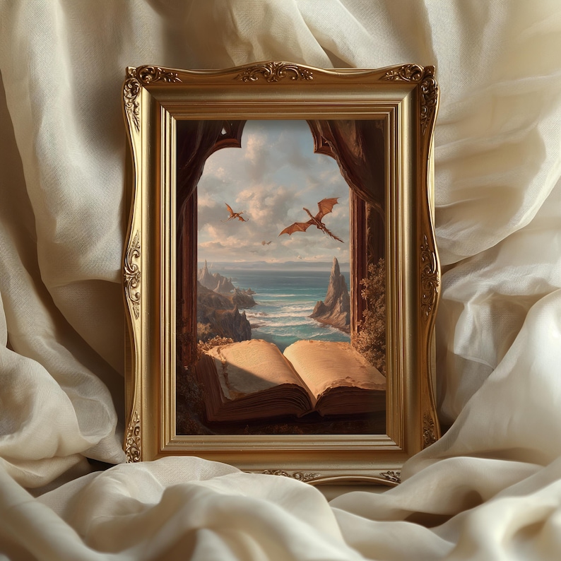 May include: A framed painting with a gold ornate frame. The artwork depicts a fantasy scene with dragons flying over a coastal landscape, viewed through a window. An open book is in the foreground.