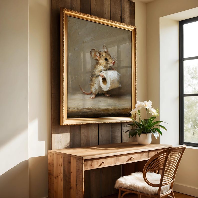 May include: A framed wall art piece featuring a painting of a small brown mouse holding a roll of white toilet paper. The artwork is enclosed in a decorative gold frame and is mounted on a vertical wooden plank wall above a wooden desk.