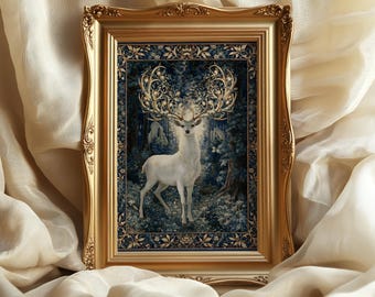 White Stag Tapestry art print: Medieval forest wall decor