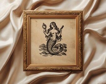 Stampa artistica vintage di una sirena con specchio: decorazione con xilografia di una sirena medievale