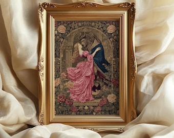 Beauty and the Beast Art Print:  Fairytale in Medieval Tapestry Style