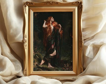 May include: A rectangular gold-toned ornate frame containing a painting of a figure with long red hair draped in dark fabric, standing in a forest setting. The frame features intricate embossed detailing along its edges and corners.