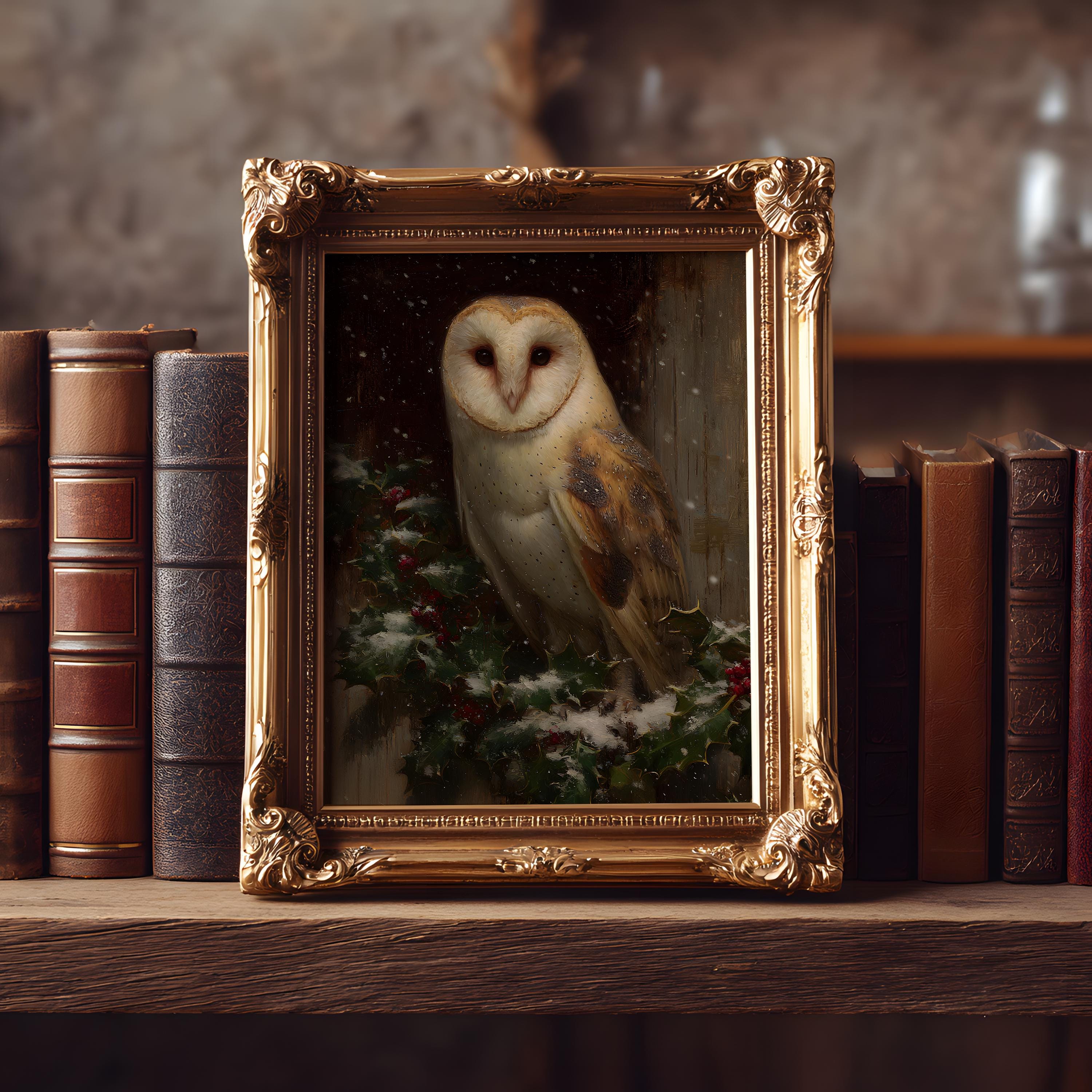 Barn Owl Christmas Art Print: Winter Rustic Home