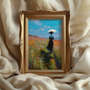 Monet inspired lady in field art print impressionist wall decor romantic countryside painting Claude Monet poster feminine vintage style