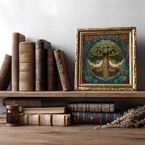 May include: A framed art print depicting a detailed tree design with roots and foliage, set against a blue and floral background. The artwork is in a gold ornate frame, displayed on a wooden shelf with antique books.