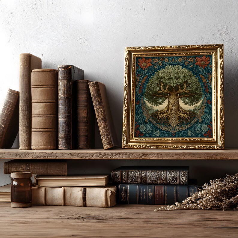 May include: A framed art print depicting a detailed tree design with roots and foliage, set against a blue and floral background. The artwork is in a gold ornate frame, displayed on a wooden shelf with antique books.