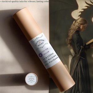 May include: A rolled print with a tan paper tube and a small, matching cap. The tube has a white label with the text "Enchanted Relics" and "Etsy Top Seller". The print features a woman in a dark dress holding a book. The paper weight is 189 g/m&sup2;.