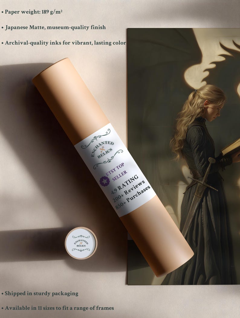 May include: A rolled print with a tan paper tube and a small, matching cap. The tube has a white label with the text "Enchanted Relics" and "Etsy Top Seller". The print features a woman in a dark dress holding a book. The paper weight is 189 g/m&sup2;.