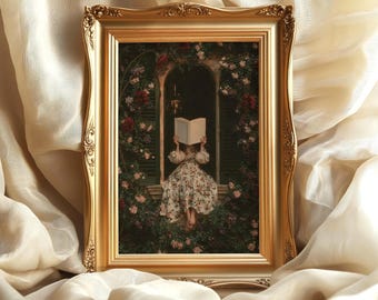 May include: A rectangular gold ornate frame containing a print of a person in a floral dress sitting in a window archway covered in climbing roses, holding an open book in front of their face. The frame has intricate embossed details.