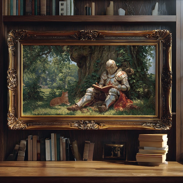 Poster Middeleeuwse ridder lezen met een kat: fantasieboekkunst, leesdecor