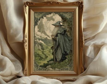 May include: A framed print featuring a wizard in a long gray robe and hat, holding a staff, overlooking a green valley and mountains. The frame is ornate gold. The artwork has a vintage, fantasy theme.