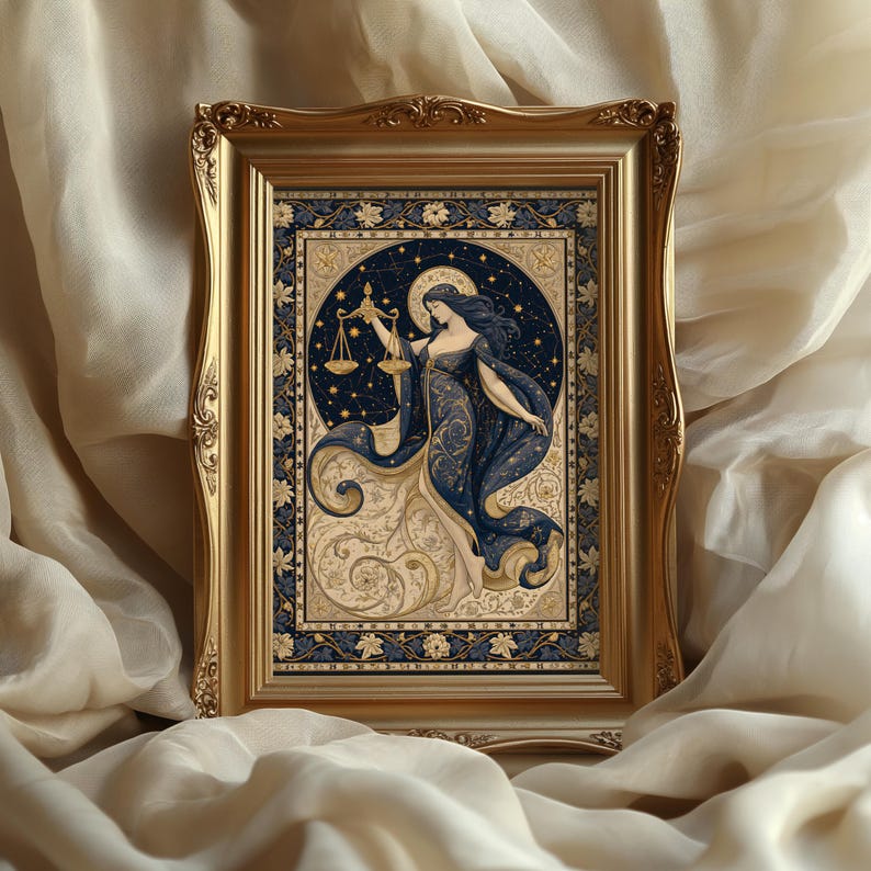 May include: A framed art print featuring a celestial illustration of a woman holding scales, representing the Libra zodiac sign. The artwork is in shades of blue, gold, and cream, with a detailed border and a gold ornate frame.