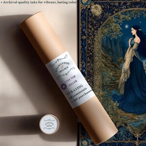 May include: A rolled poster with a label reading "Enchanted Relics" and "Etsy Top Seller." The poster is next to a framed print of a woman in a blue dress. The poster is in a tan tube with a white label.