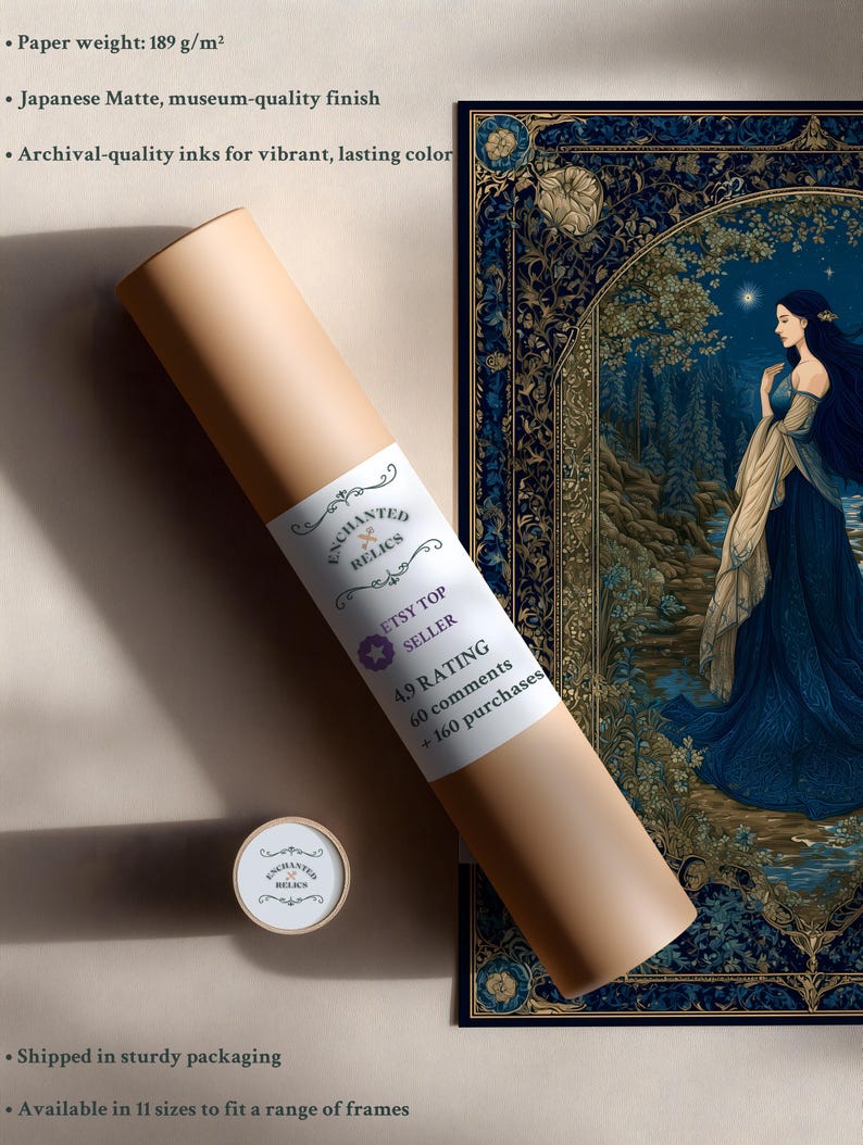 May include: A rolled poster with a label reading "Enchanted Relics" and "Etsy Top Seller." The poster is next to a framed print of a woman in a blue dress. The poster is in a tan tube with a white label.