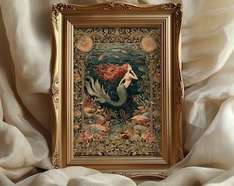 Impresión artística de La Sirenita medieval: Tapiz vintage oceánico para decoración de pared, regalo de cuento de hadas.