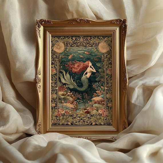 Medieval little Mermaid Art Print: Vintage Ocean Tapestry Wall Decor, Fairy tale gift