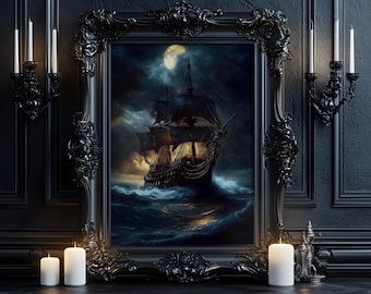 Pirate Ship Poster: Stormy Sea Illustration, Nautical Fantasy Wall Art, Ocean Adventure
