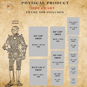 May include: A size chart for prints, featuring a detailed illustration of a knight in armour. The chart displays print sizes in inches and centimetres, including 24"x36" (60.94 x 91.44 cm) and 20"x30" (50.8 x 76.2 cm).