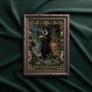 Konsttryck med grön häxa: Medeltida skog och grimoire-gobelängdekor