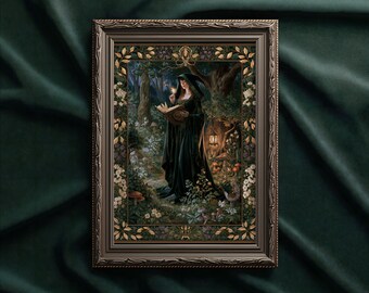 Green witch art print: Medieval Forest and Grimoire Tapestry decor