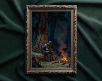 May include: Framed artwork depicting a knight in silver armor seated by a campfire in a dark forest. The painting features a detailed forest scene with a warm fire and a knight resting on a log. The frame is a warm brown color.