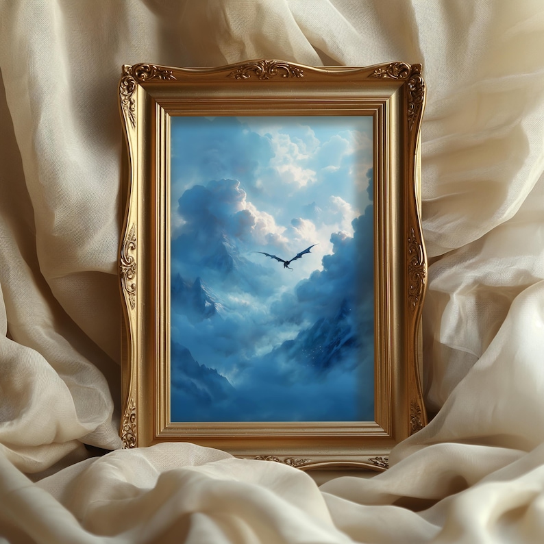 Peut inclure: Une impression d'art encadrée, représentant un paysage fantastique avec un dragon volant dans un ciel bleu nuageux. L'œuvre est présentée dans un cadre doré orné, ajoutant une touche d'élégance.