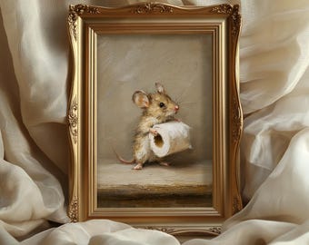 Funny Mouse holding Toilet Paper Art print: Quirky Bathroom Decor