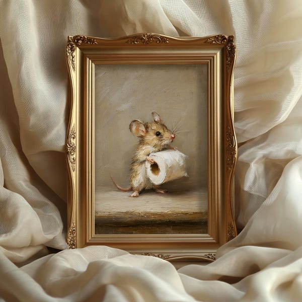 Funny Mouse holding Toilet Paper Art print: Quirky Bathroom Decor
