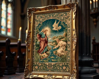 May include: A framed tapestry with a religious scene, featuring figures in robes near a river, a dove, and a radiant light. The ornate gold frame adds a touch of elegance. The tapestry is set in a church.