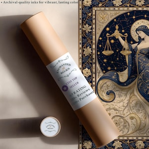 May include: A rolled print with a label reading "Enchanted Relics" and "Etsy Top Seller." The print features a Libra zodiac illustration in navy blue and gold. The paper weight is 189 g/m&sup2; with a Japanese Matte finish.