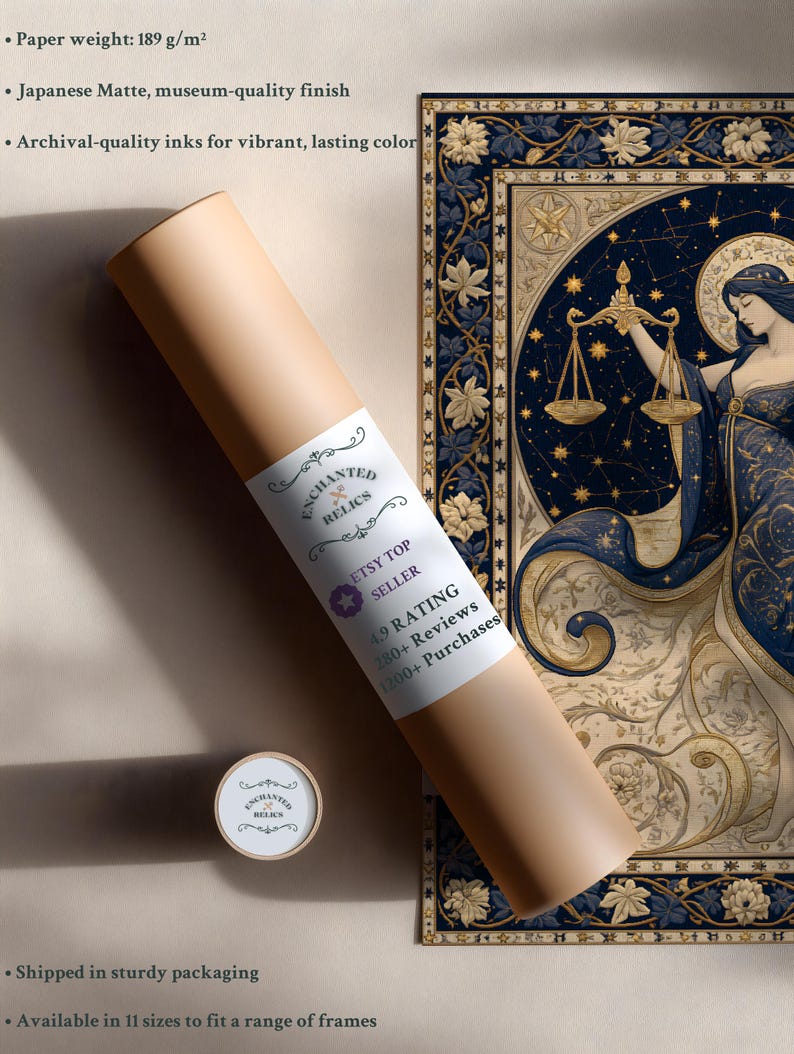 May include: A rolled print with a label reading "Enchanted Relics" and "Etsy Top Seller." The print features a Libra zodiac illustration in navy blue and gold. The paper weight is 189 g/m&sup2; with a Japanese Matte finish.