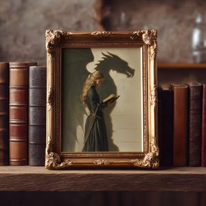 May include: A framed artwork featuring a woman reading a book, with a dragon shadow behind her. The ornate gold frame surrounds the image, which is set against a neutral background. The artwork is displayed on a wooden shelf with several antique books.