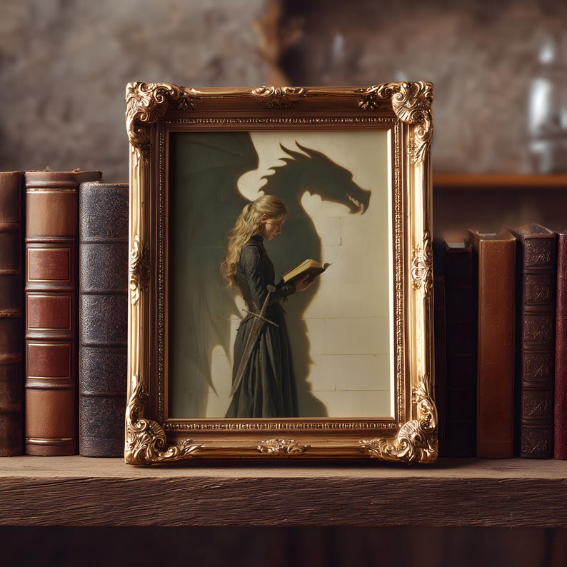 May include: A framed artwork featuring a woman reading a book, with a dragon shadow behind her. The ornate gold frame surrounds the image, which is set against a neutral background. The artwork is displayed on a wooden shelf with several antique books.